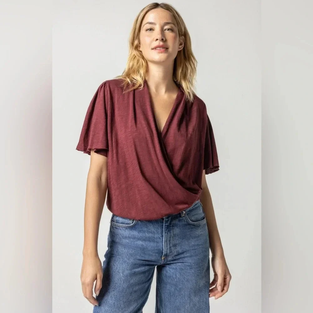 Express Merlot Faux Wrap Flutter Sleeve Top Size XL NWT
